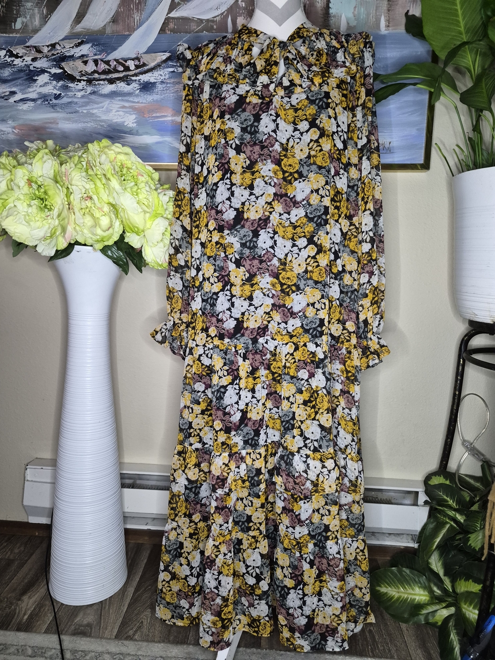 Nwt Mango Floral Long Sleeve Tiered Maxi Dress - Yellow, White & Mauve Floral